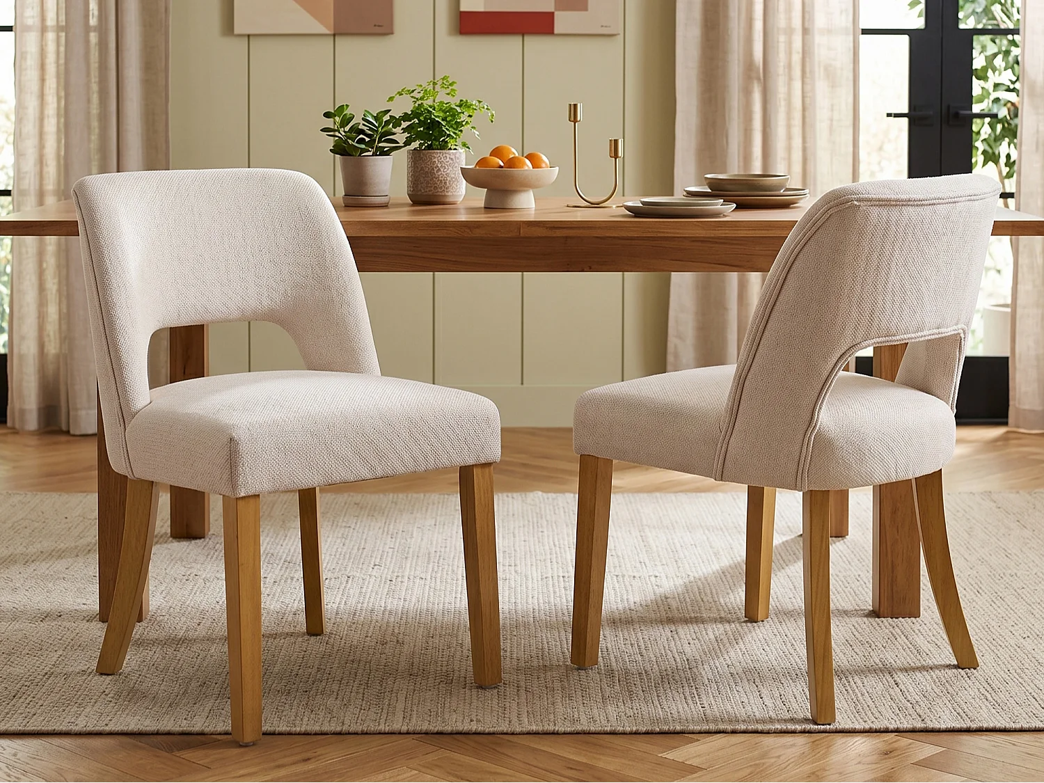 Set van 2 moderne eetkamerstoelen - Comfortabel en ademend - Linnen stof - Poten van massief hout - Beige