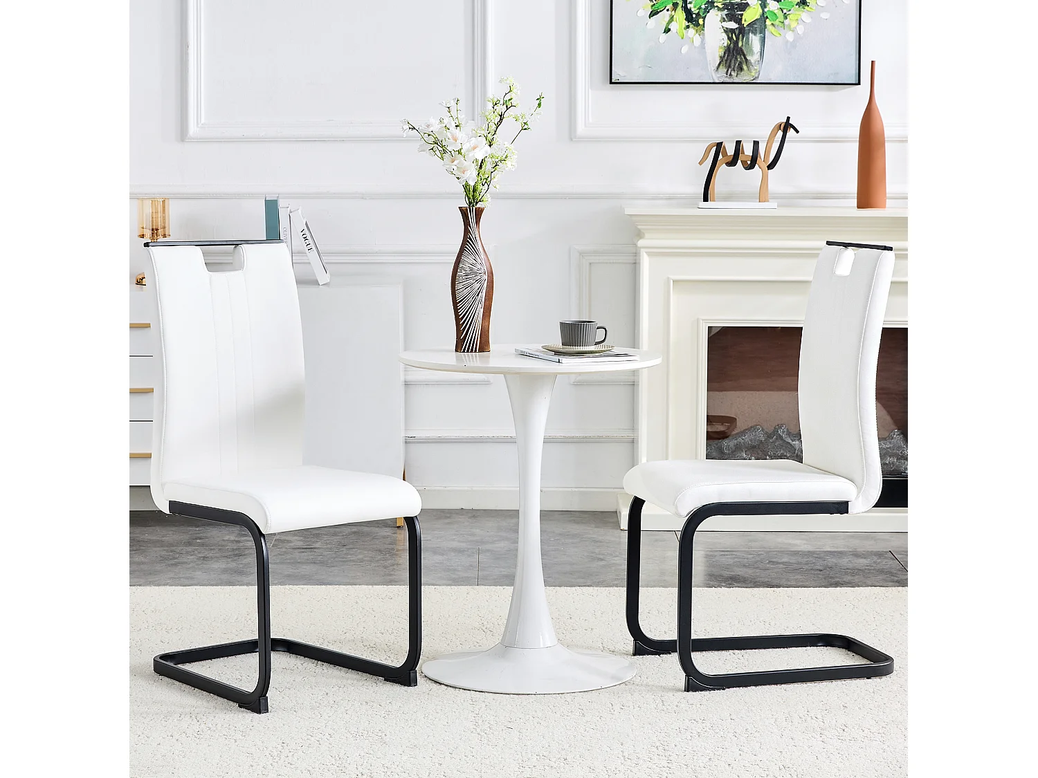 Lot de 2 Chaises blanche en simili cuir PU et cadre en métal noir