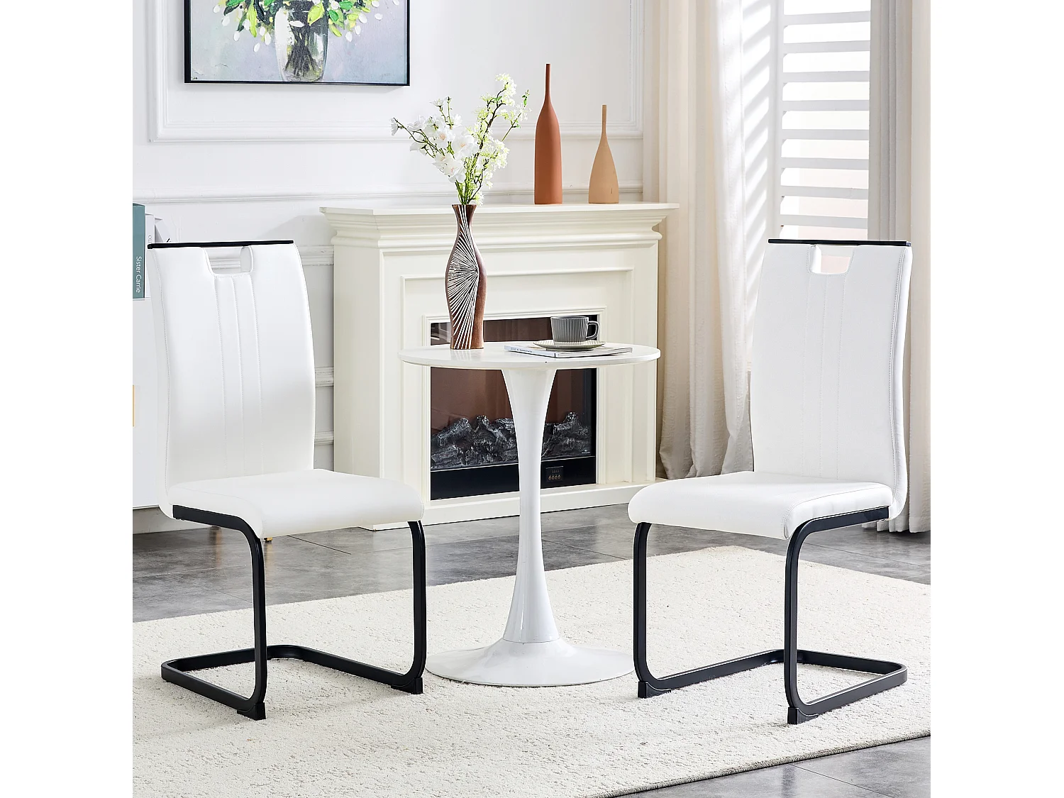 Lot de 2 Chaises blanche en simili cuir PU et cadre en métal noir