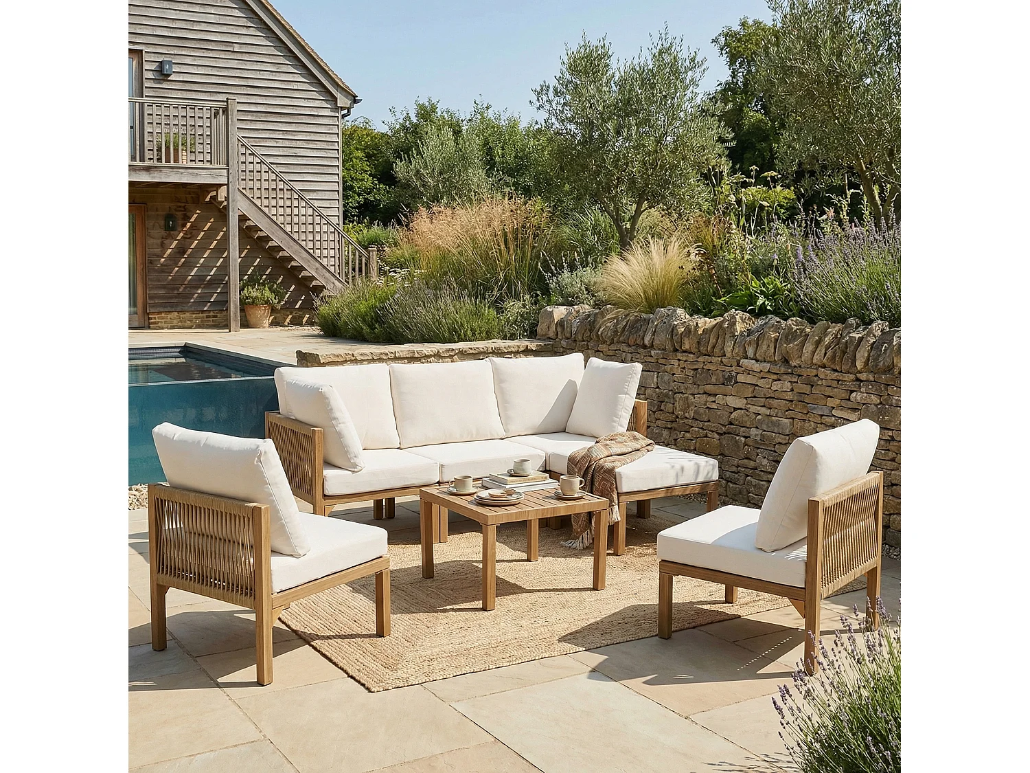 Ensemble de mobilier de jardin - Canapé d'angle (convertible en canapé-lit) et table basse - Beige et tons bois