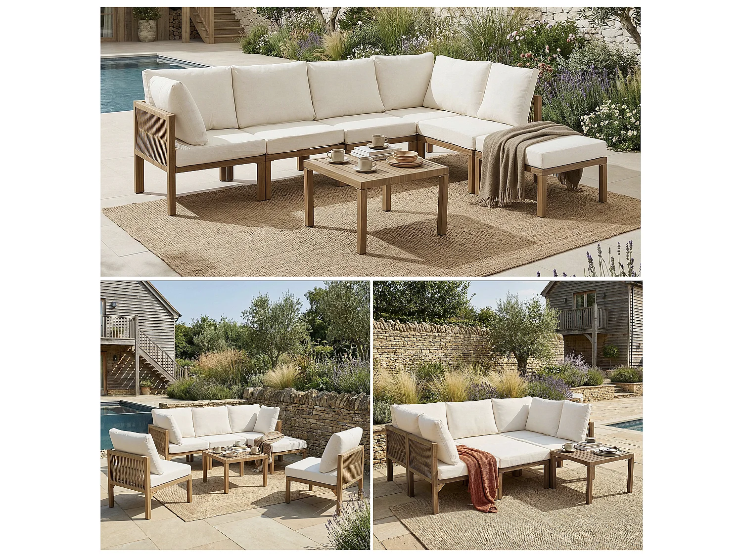 Ensemble de mobilier de jardin - Canapé d'angle (convertible en canapé-lit) et table basse - Beige et tons bois