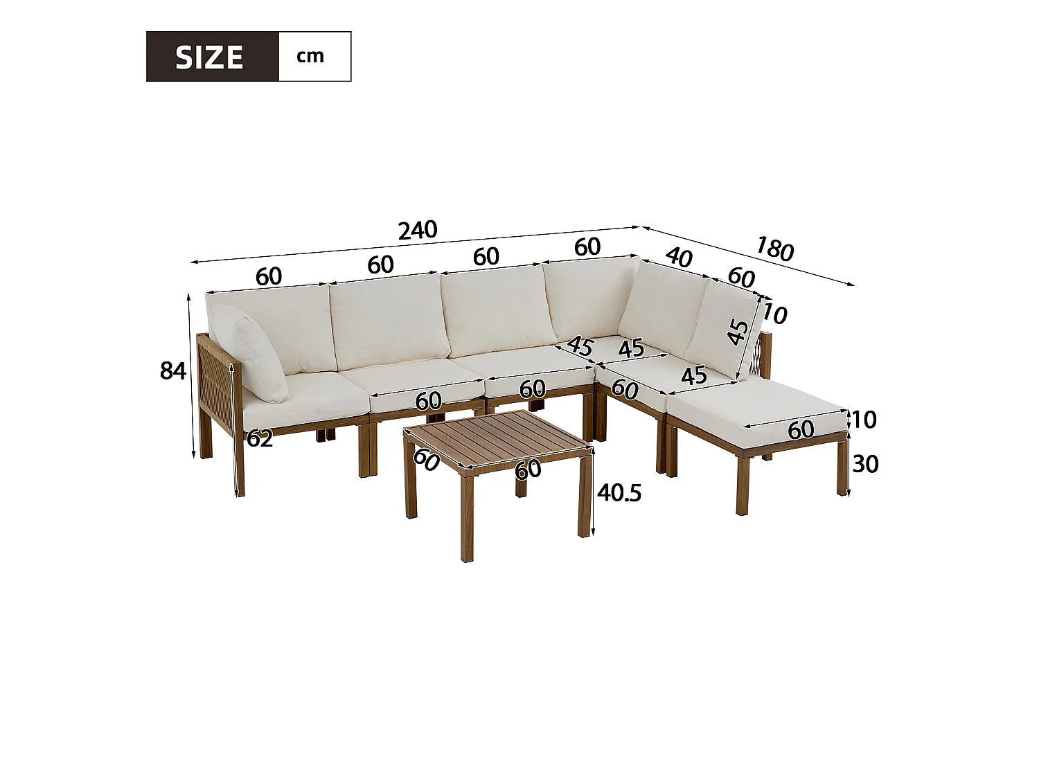 Ensemble de mobilier de jardin - Canapé d'angle (convertible en canapé-lit) et table basse - Beige et tons bois