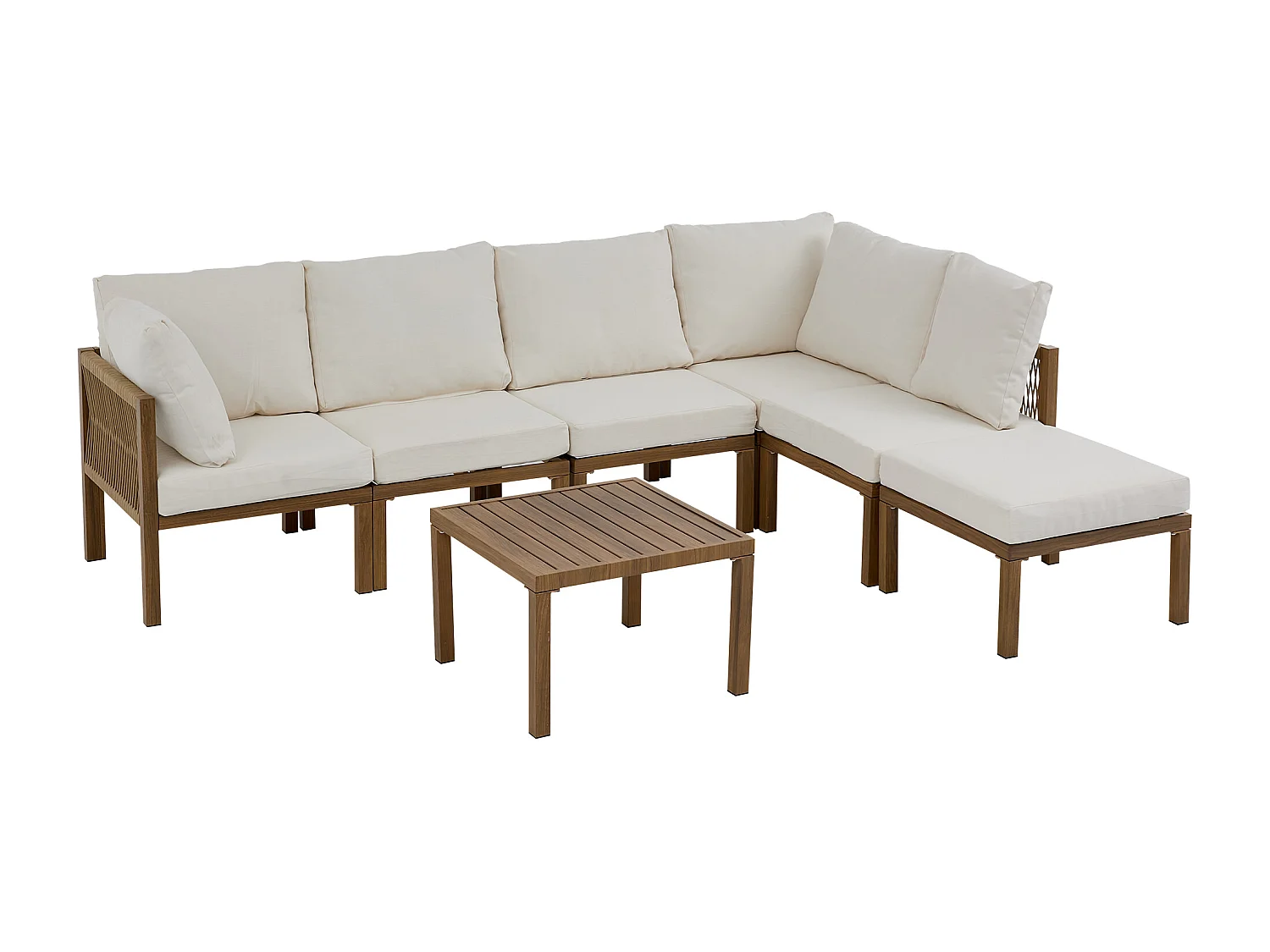 Ensemble de mobilier de jardin - Canapé d'angle (convertible en canapé-lit) et table basse - Beige et tons bois