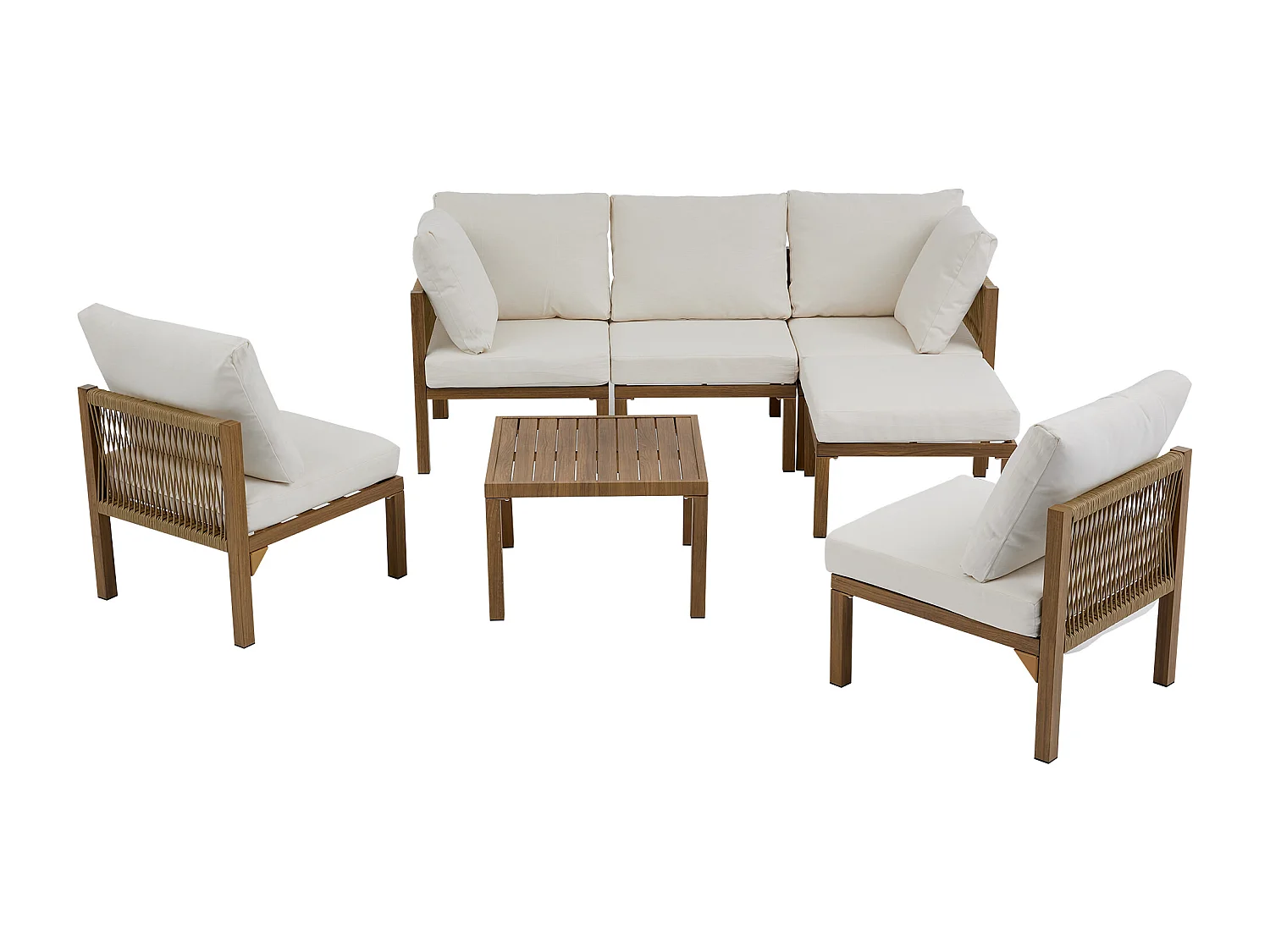 Ensemble de mobilier de jardin - Canapé d'angle (convertible en canapé-lit) et table basse - Beige et tons bois