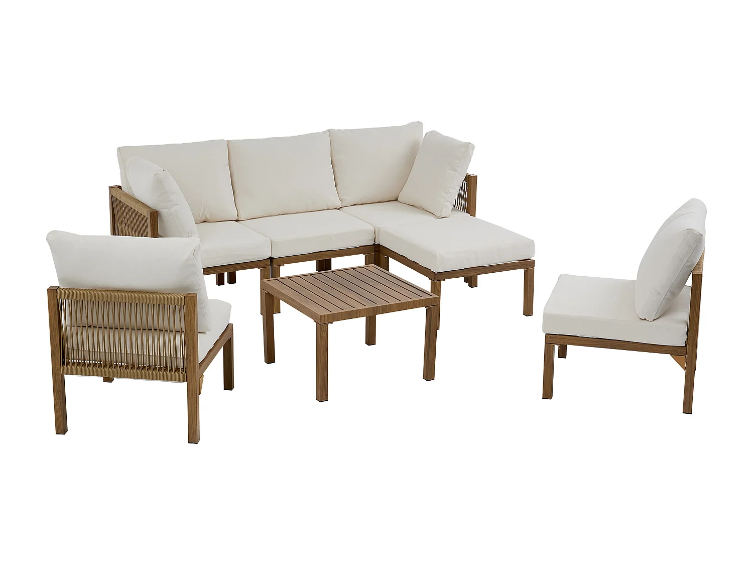 Ensemble de mobilier de jardin - Canapé d'angle (convertible en canapé-lit) et table basse - Beige et tons bois