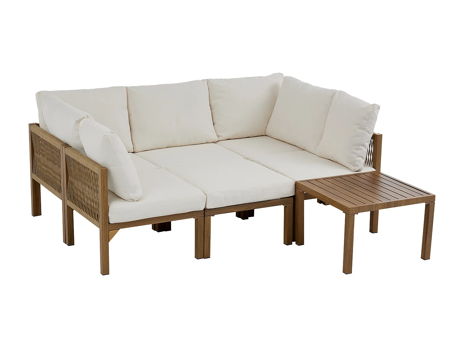 Ensemble de mobilier de jardin - Canapé d'angle (convertible en canapé-lit) et table basse - Beige et tons bois