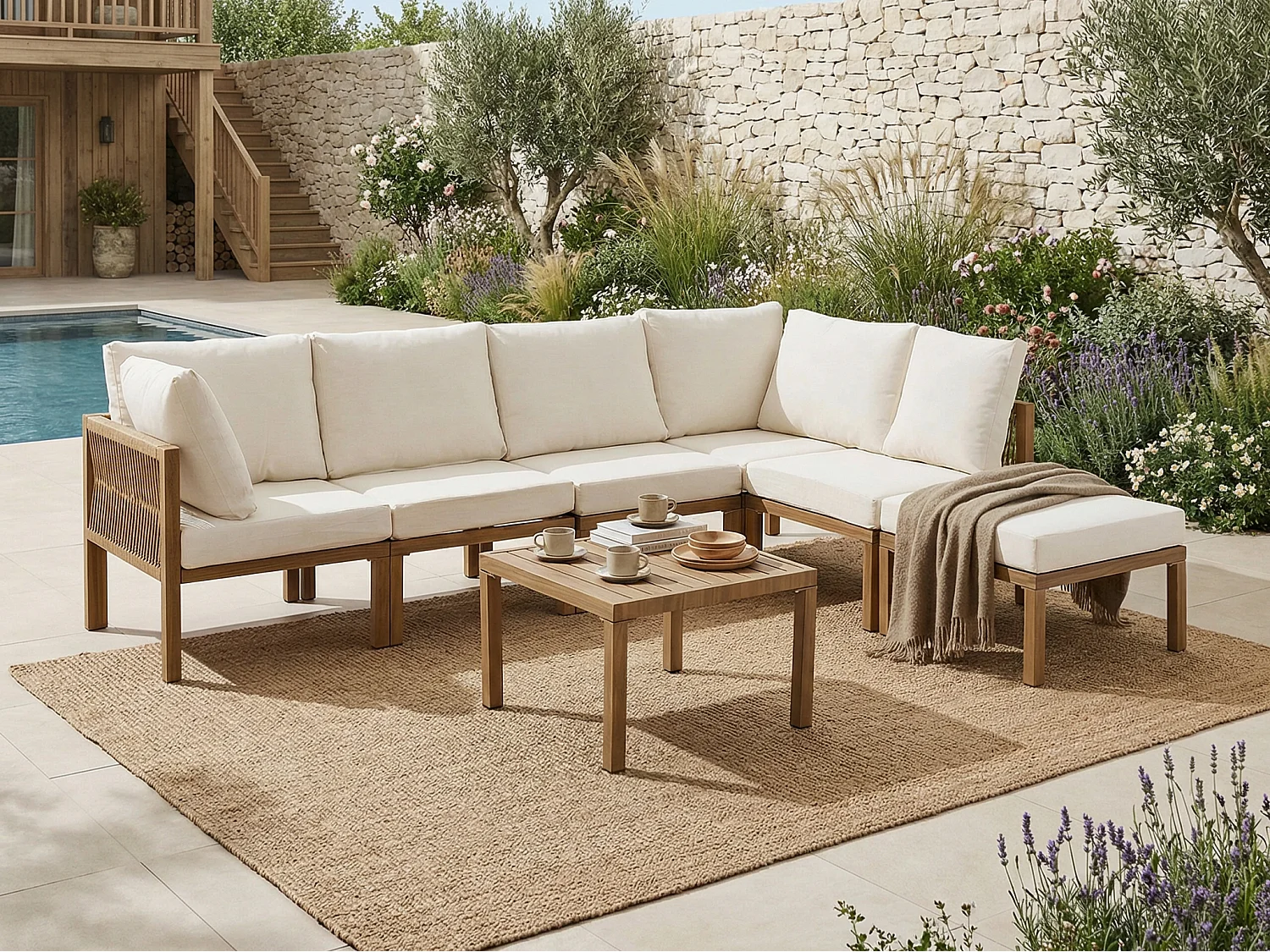 Ensemble de mobilier de jardin - Canapé d'angle (convertible en canapé-lit) et table basse - Beige et tons bois