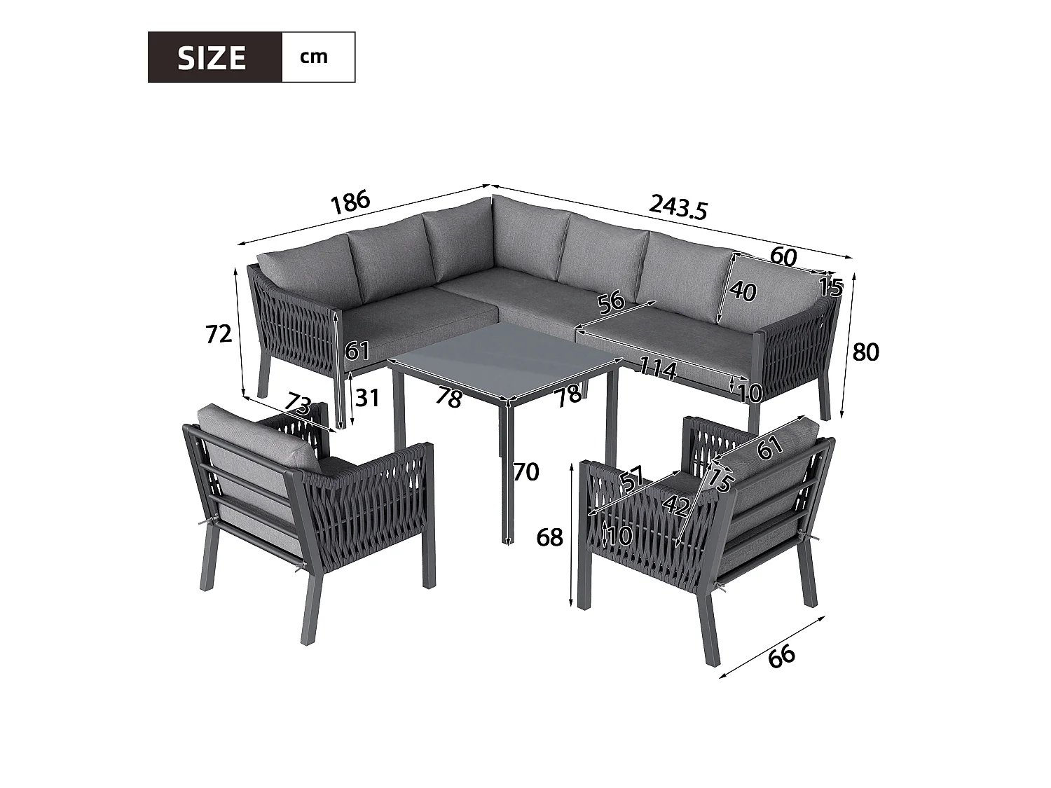 Zestaw mebli ogrodowych na 8 osób, w skład którego wchodzi 1 stół jadalny, 2 fotele i 1 narożnik - Stal ocynkowana - Szara