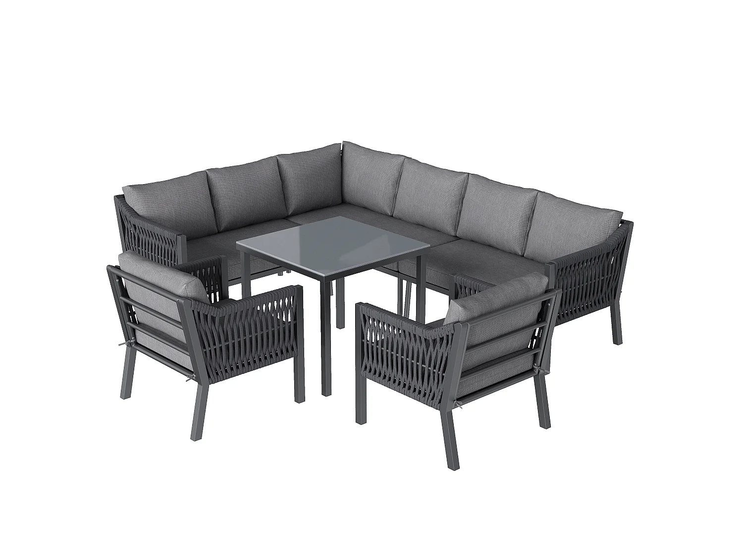 Zestaw mebli ogrodowych na 8 osób, w skład którego wchodzi 1 stół jadalny, 2 fotele i 1 narożnik - Stal ocynkowana - Szara