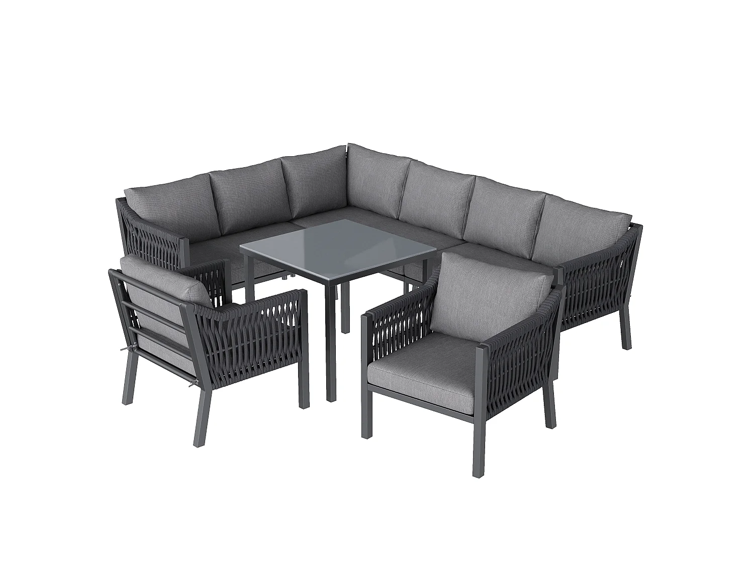 Zestaw mebli ogrodowych na 8 osób, w skład którego wchodzi 1 stół jadalny, 2 fotele i 1 narożnik - Stal ocynkowana - Szara