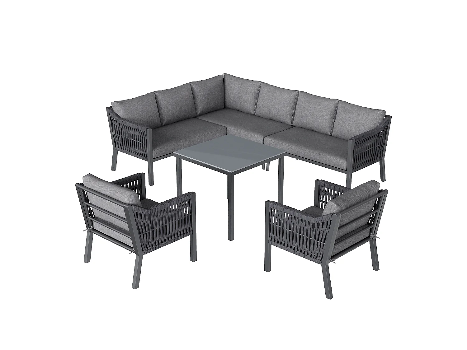 Zestaw mebli ogrodowych na 8 osób, w skład którego wchodzi 1 stół jadalny, 2 fotele i 1 narożnik - Stal ocynkowana - Szara