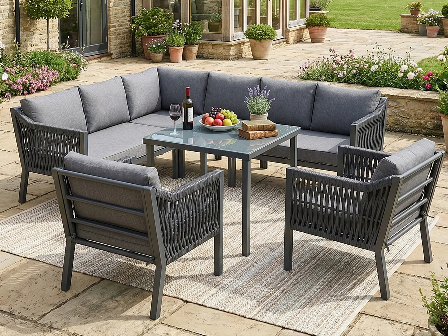 Zestaw mebli ogrodowych na 8 osób, w skład którego wchodzi 1 stół jadalny, 2 fotele i 1 narożnik - Stal ocynkowana - Szara