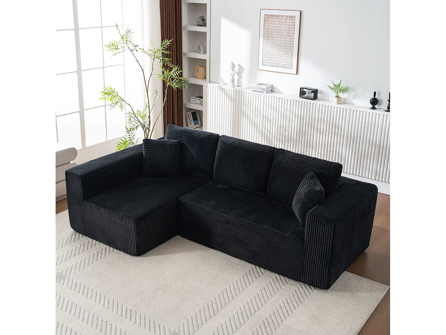 Canapé d'angle 3 places modulable en tissu velours côtelé - Noir , sans montage