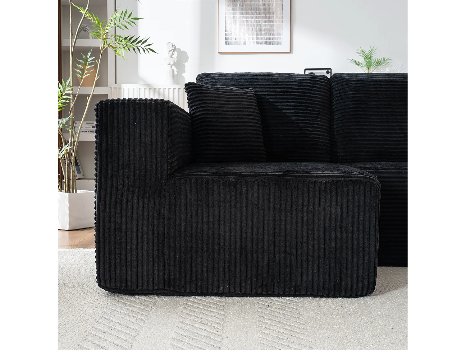 Canapé d'angle 3 places modulable en tissu velours côtelé - Noir , sans montage