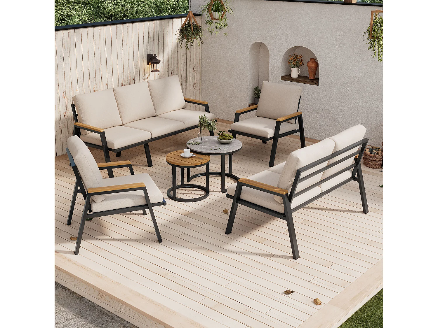 Set da giardino - 1 divano a tre posti, 1 divano a due posti, 2 poltrone e 2 tavolini - Acciaio zincato - Grigio beige
