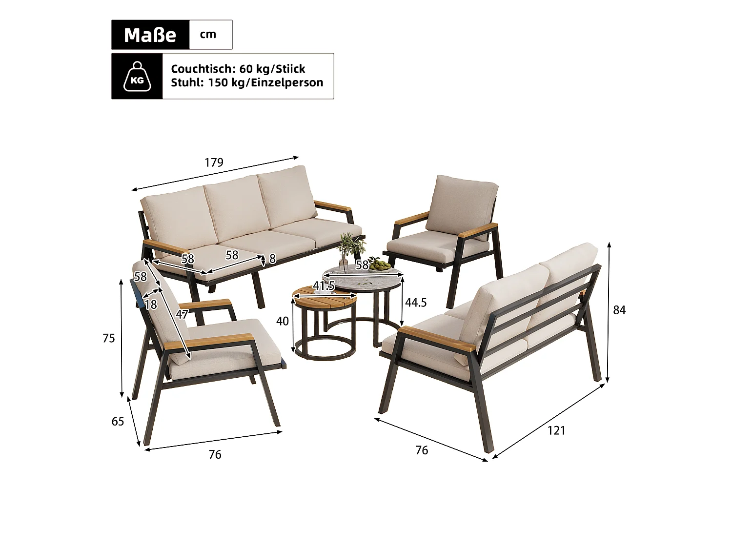 Set da giardino - 1 divano a tre posti, 1 divano a due posti, 2 poltrone e 2 tavolini - Acciaio zincato - Grigio beige