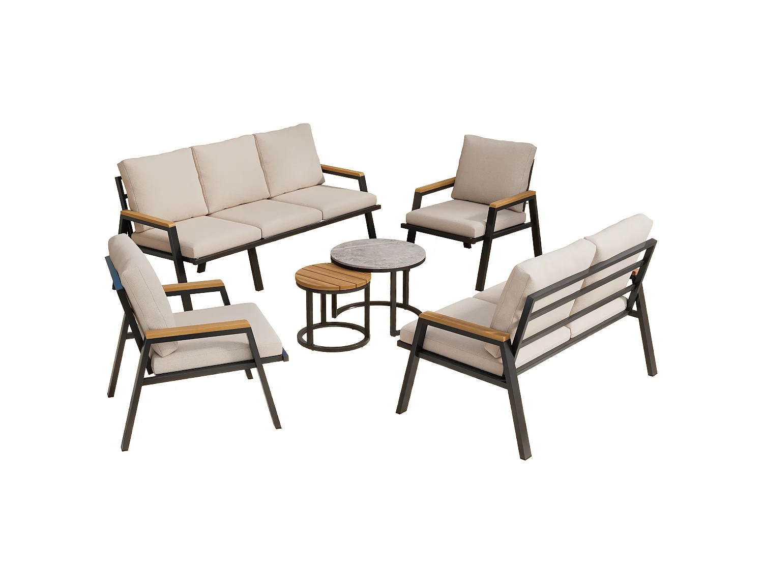 Set da giardino - 1 divano a tre posti, 1 divano a due posti, 2 poltrone e 2 tavolini - Acciaio zincato - Grigio beige