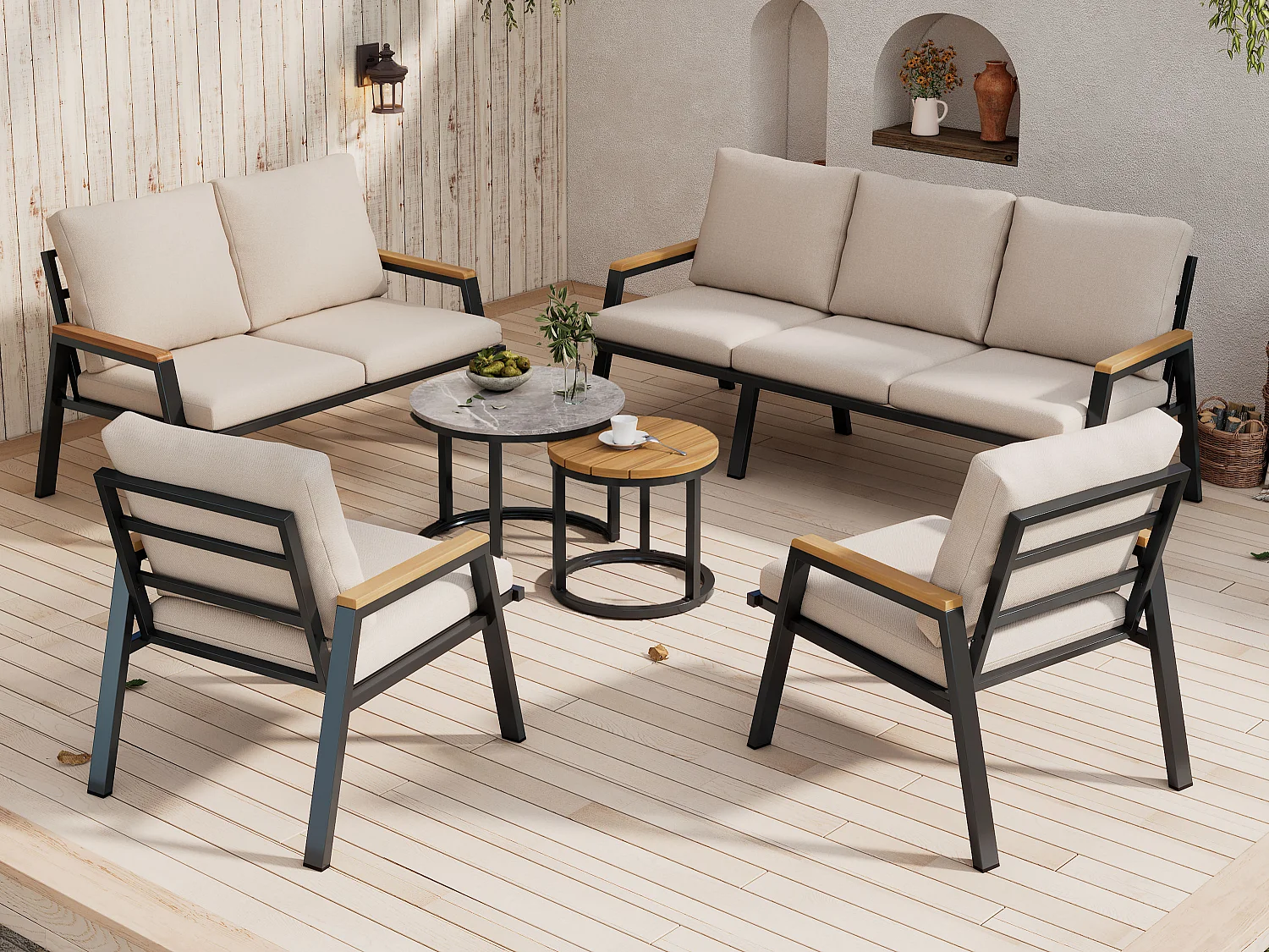 Set da giardino - 1 divano a tre posti, 1 divano a due posti, 2 poltrone e 2 tavolini - Acciaio zincato - Grigio beige