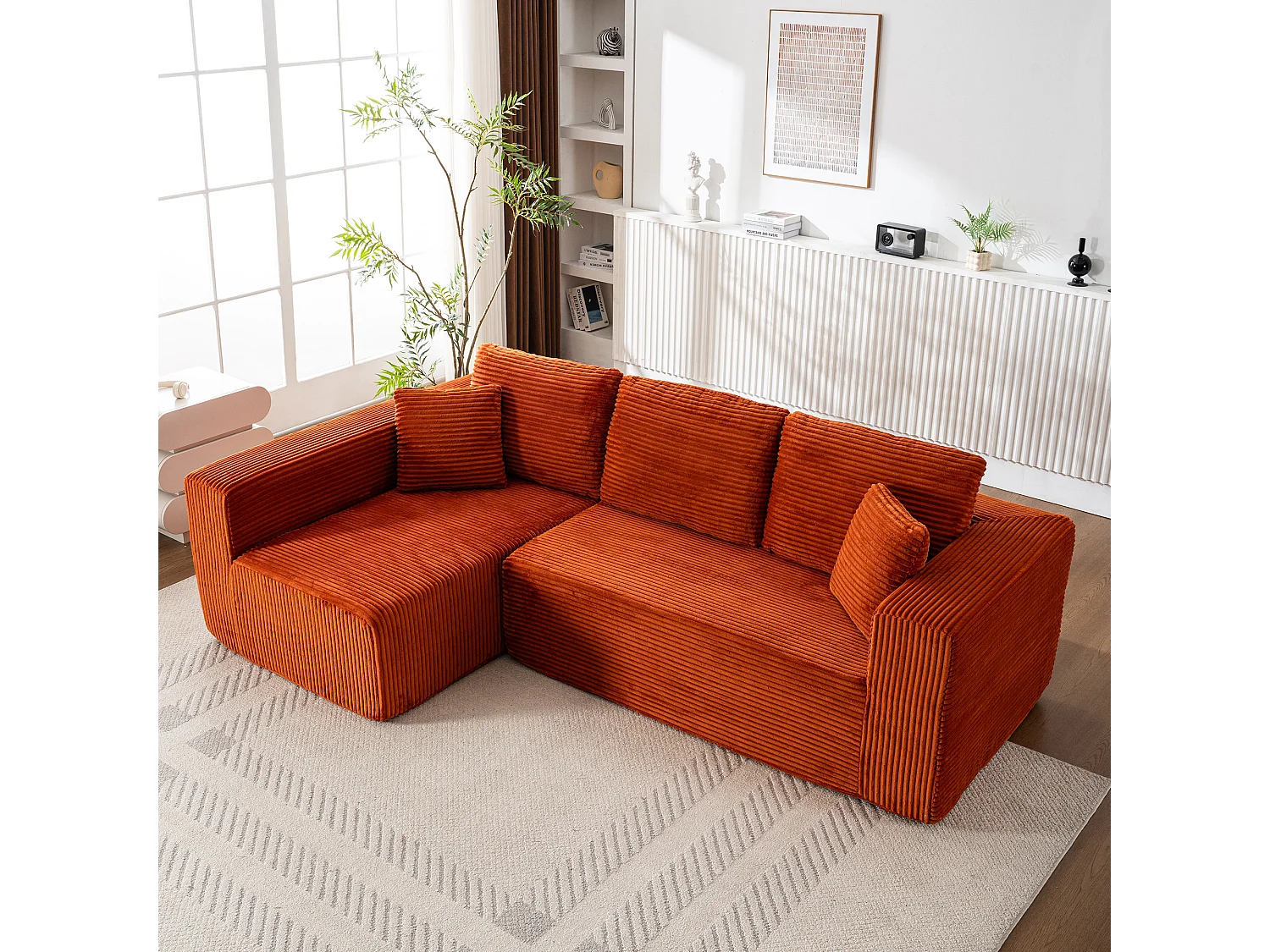 Canapé d'angle 3 places modulable en tissu velours côtelé - Orange , sans montage