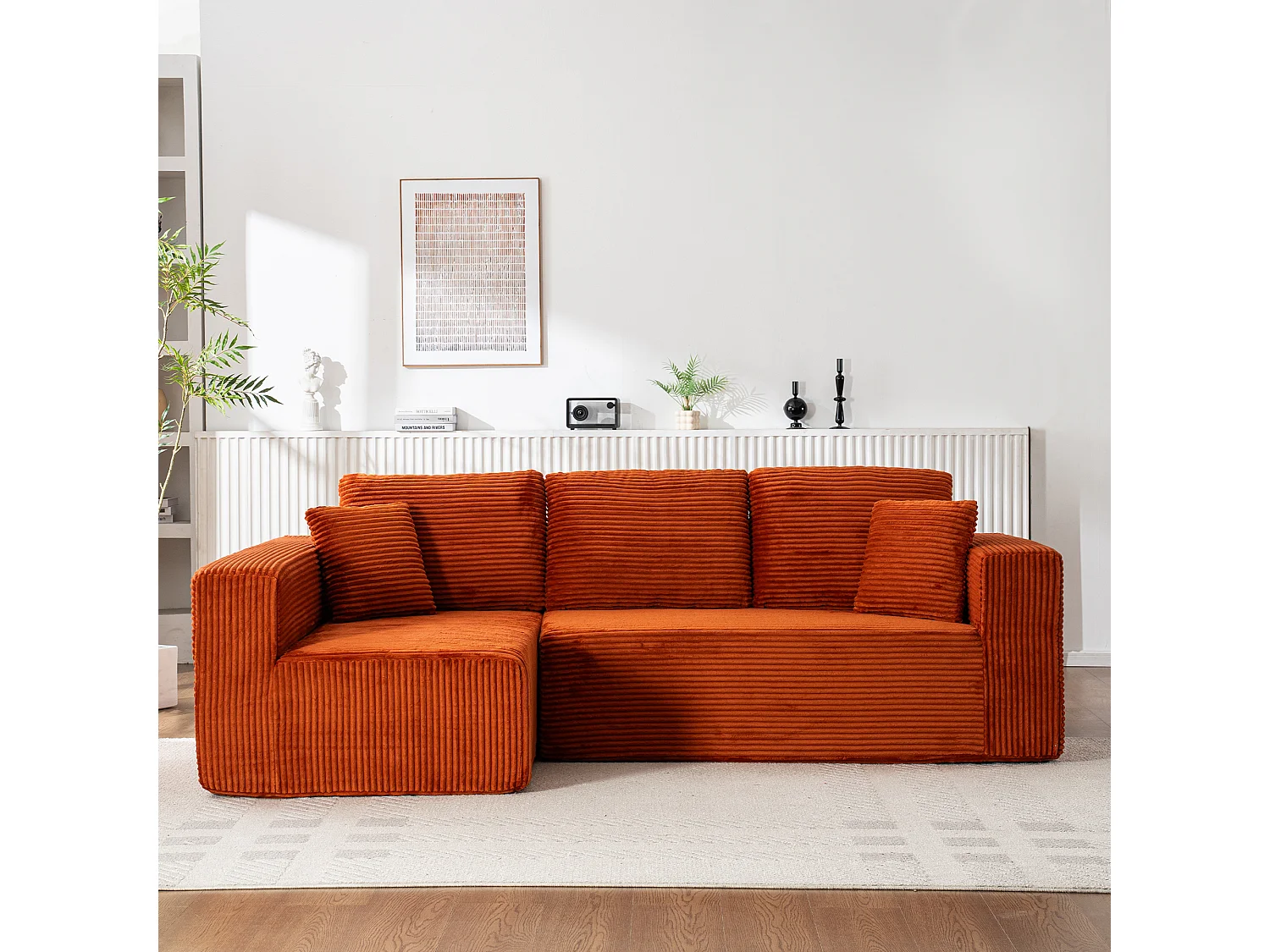 Canapé d'angle 3 places modulable en tissu velours côtelé - Orange , sans montage