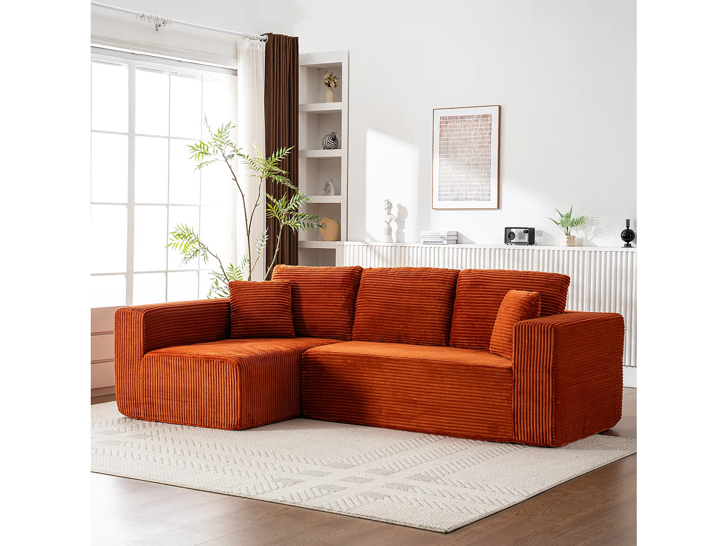 Canapé d'angle 3 places modulable en tissu velours côtelé - Orange , sans montage
