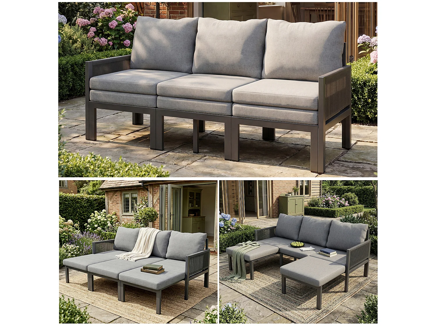 Set di mobili da giardino per 3 persone - Divano multifunzionale - convertibile in poltrona - Acciaio zincato - Grigio