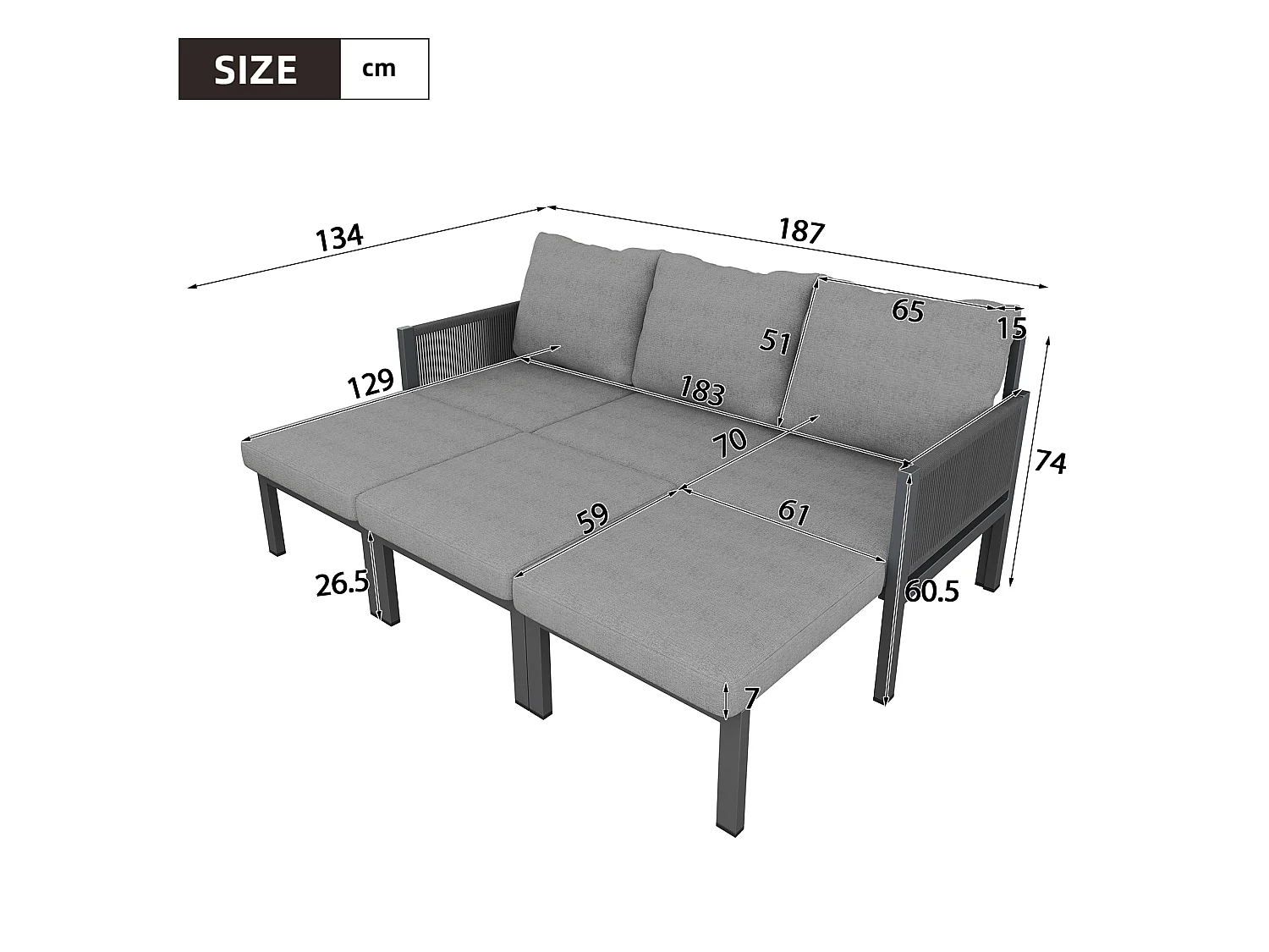 Set di mobili da giardino per 3 persone - Divano multifunzionale - convertibile in poltrona - Acciaio zincato - Grigio