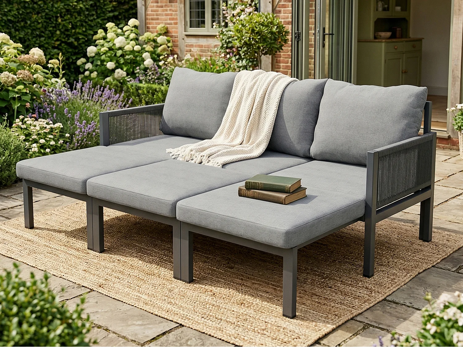 Set di mobili da giardino per 3 persone - Divano multifunzionale - convertibile in poltrona - Acciaio zincato - Grigio