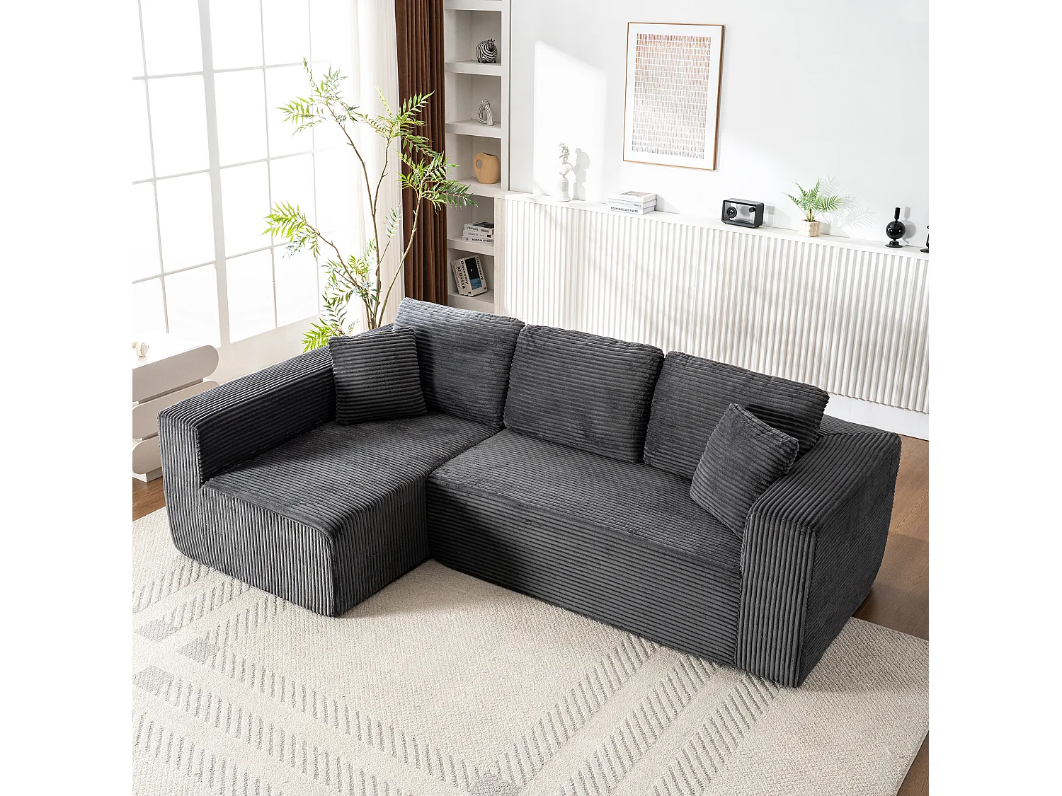 Canapé d'angle 3 places modulable en tissu velours côtelé - Gris , sans montage