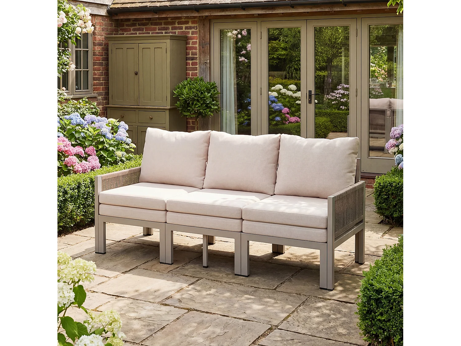 Tuinmeubelset voor 3 personen - Multifunctionele bank - om te zetten in een fauteuil - Gegalvaniseerd staal - Khaki