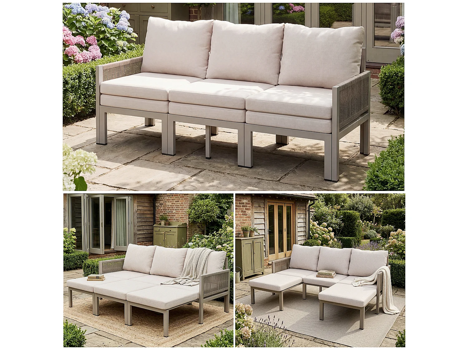 Tuinmeubelset voor 3 personen - Multifunctionele bank - om te zetten in een fauteuil - Gegalvaniseerd staal - Khaki