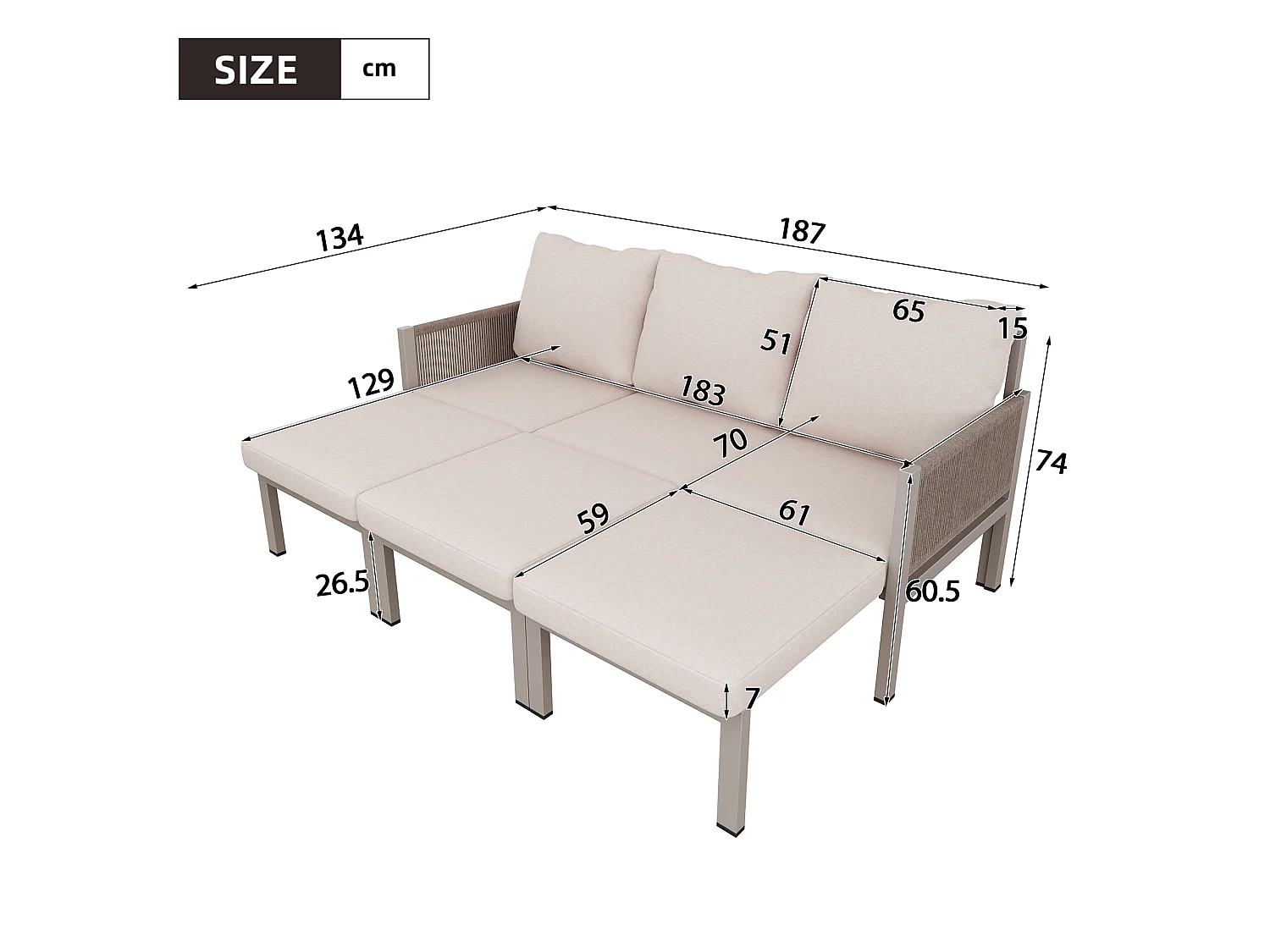 Tuinmeubelset voor 3 personen - Multifunctionele bank - om te zetten in een fauteuil - Gegalvaniseerd staal - Khaki