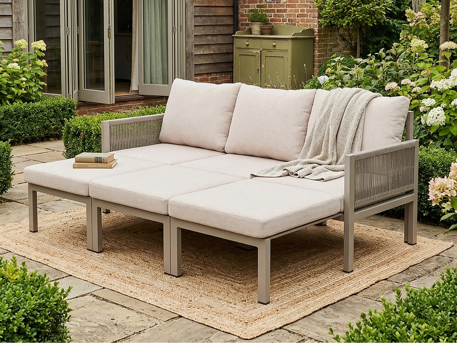 Tuinmeubelset voor 3 personen - Multifunctionele bank - om te zetten in een fauteuil - Gegalvaniseerd staal - Khaki