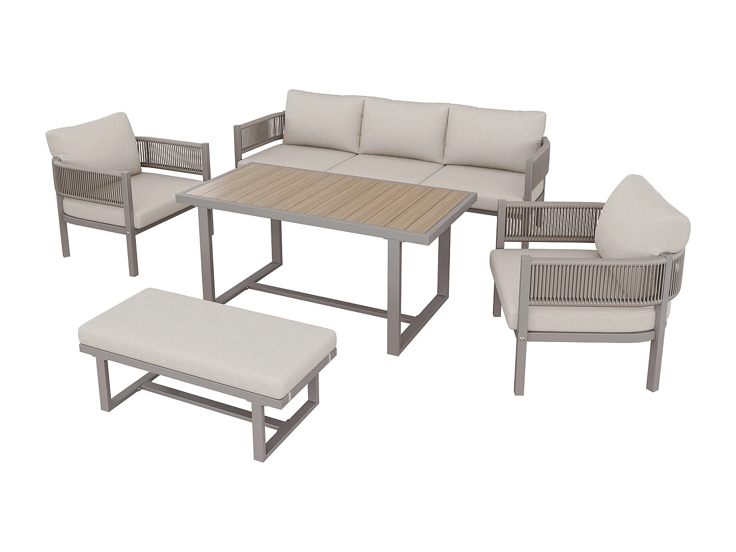 Zestaw mebli ogrodowych - 1 sofa 3-osobowa, 2 fotele, 1 ławka i 1 stół jadalny - Stal ocynkowana - Beżowa