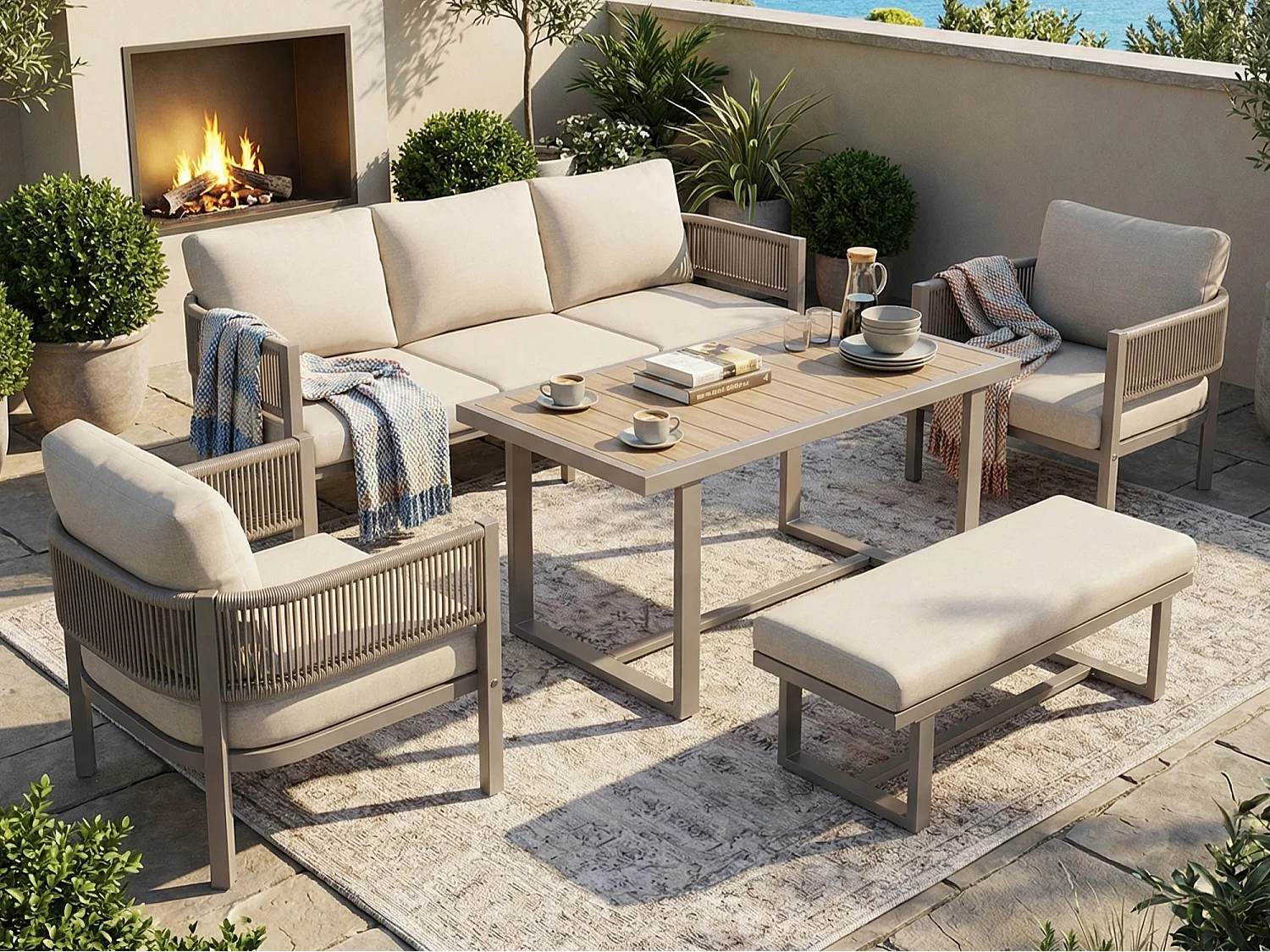 Zestaw mebli ogrodowych - 1 sofa 3-osobowa, 2 fotele, 1 ławka i 1 stół jadalny - Stal ocynkowana - Beżowa