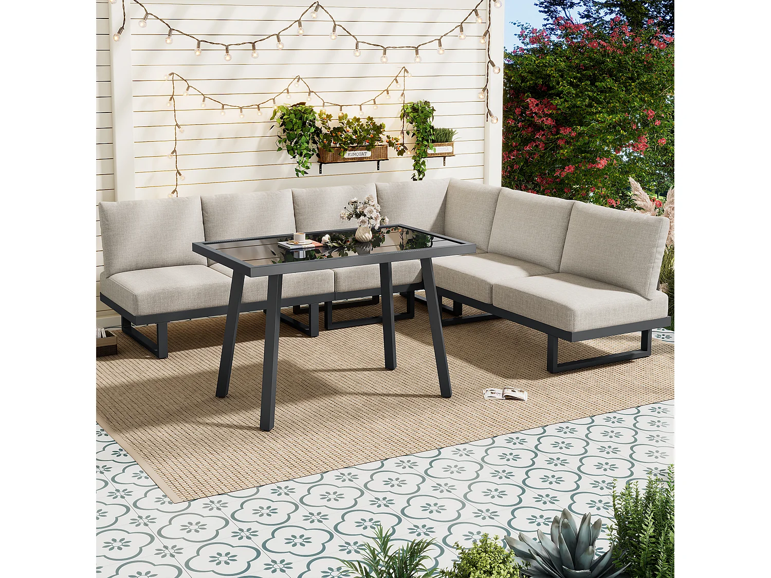 Set da giardino - Divano angolare e tavolo da pranzo - Convertibile in divano letto - Acciaio zincato - Grigio beige