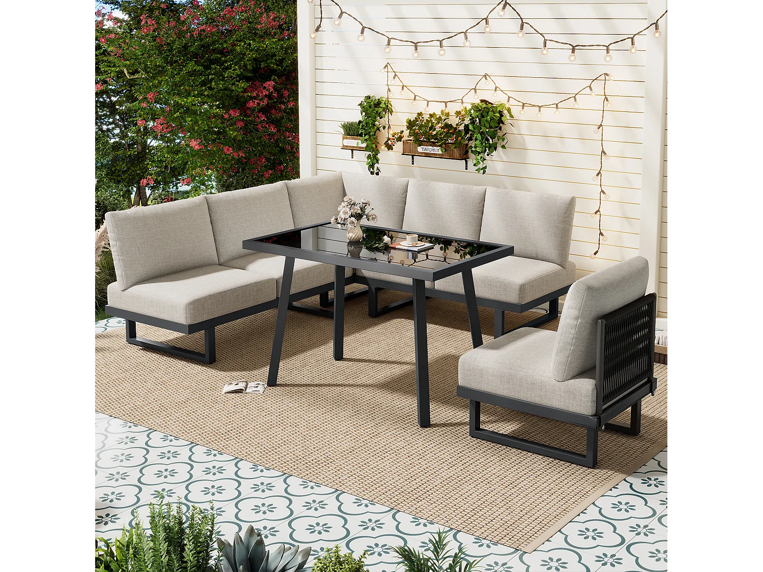 Set da giardino - Divano angolare e tavolo da pranzo - Convertibile in divano letto - Acciaio zincato - Grigio beige