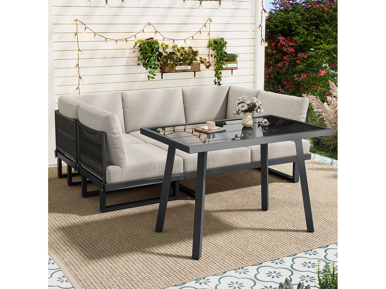 Set da giardino - Divano angolare e tavolo da pranzo - Convertibile in divano letto - Acciaio zincato - Grigio beige