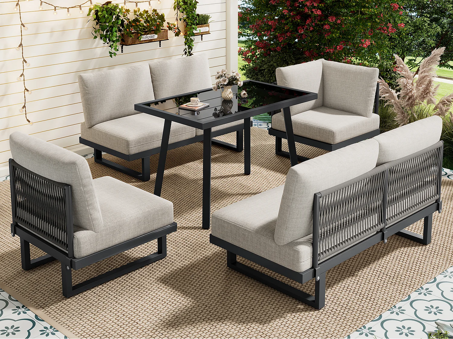 Set da giardino - Divano angolare e tavolo da pranzo - Convertibile in divano letto - Acciaio zincato - Grigio beige