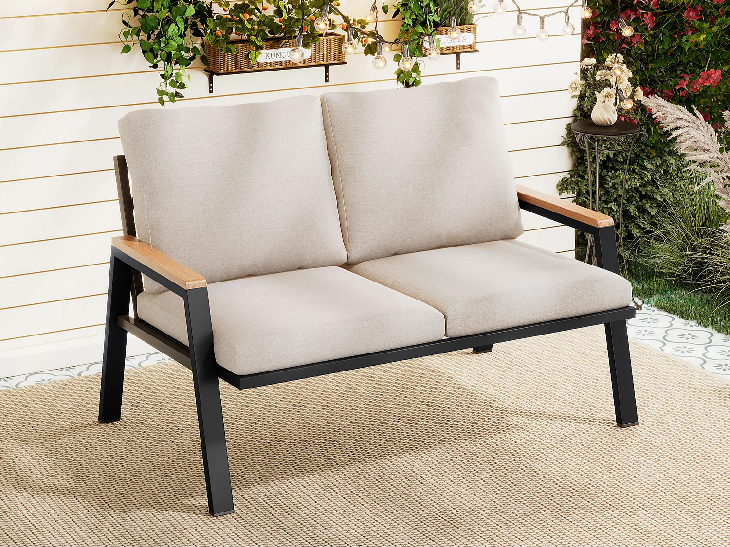 Zestaw mebli ogrodowych - Podwójna sofa na zewnątrz - Stal ocynkowana - Styl industrialny - Szaro-beżowy