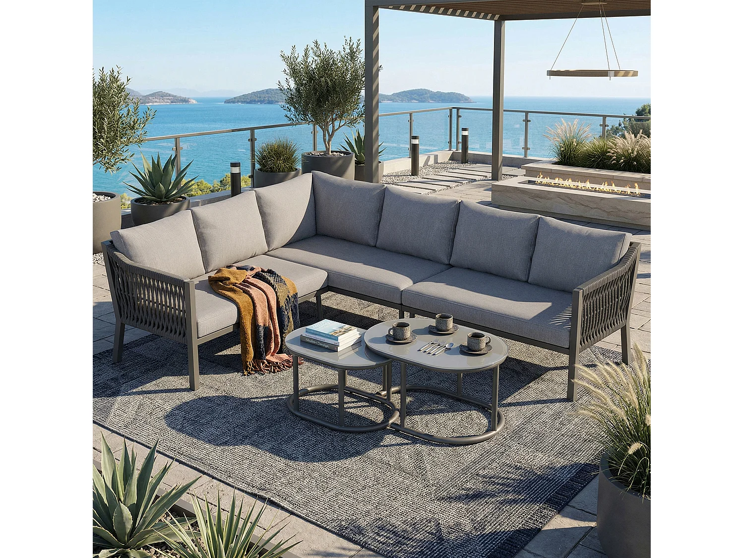 Tuinset voor 6 personen - Glasplaat, handgeweven touw, 2 salontafels en 1 bank - Gegalvaniseerde ijzeren structuur - Grijs