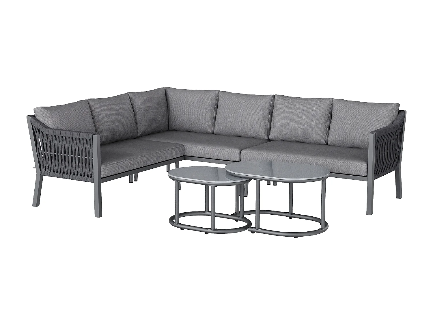Tuinset voor 6 personen - Glasplaat, handgeweven touw, 2 salontafels en 1 bank - Gegalvaniseerde ijzeren structuur - Grijs