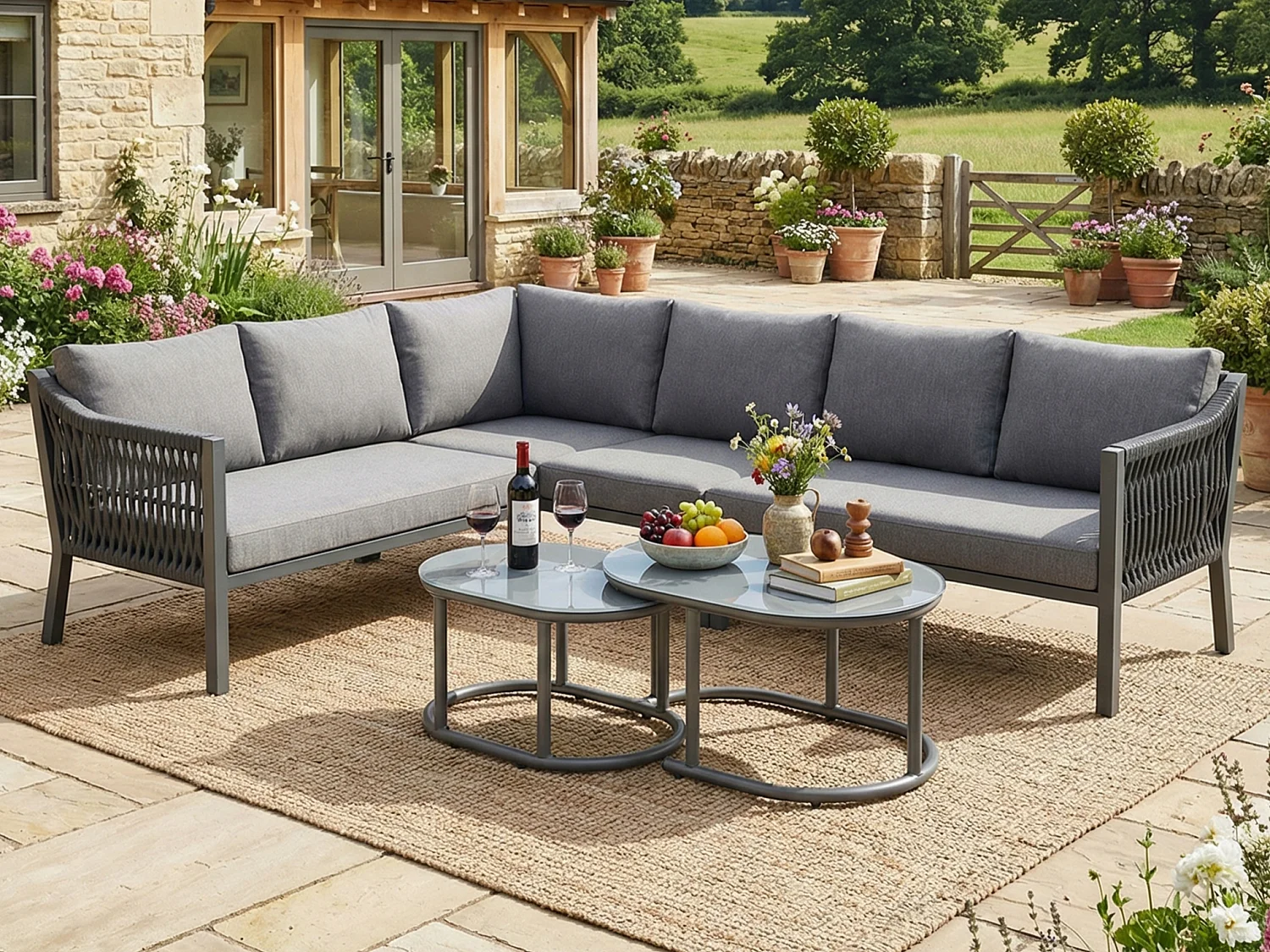 Tuinset voor 6 personen - Glasplaat, handgeweven touw, 2 salontafels en 1 bank - Gegalvaniseerde ijzeren structuur - Grijs