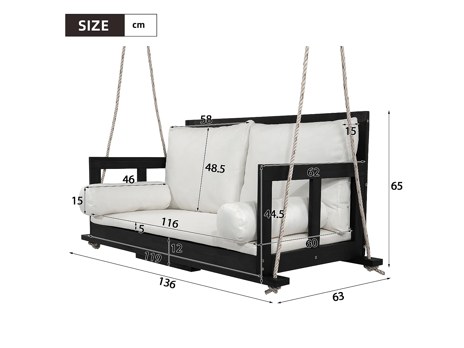 Gartenschaukel, Doppel-Hängesessel - abnehmbares und waschbares Sitzkissen - Akazienholz - Schwarz