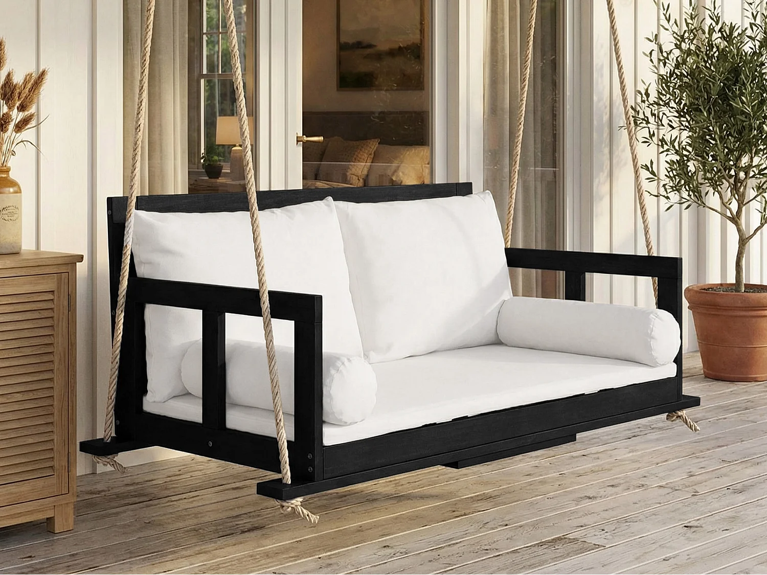 Gartenschaukel, Doppel-Hängesessel - abnehmbares und waschbares Sitzkissen - Akazienholz - Schwarz