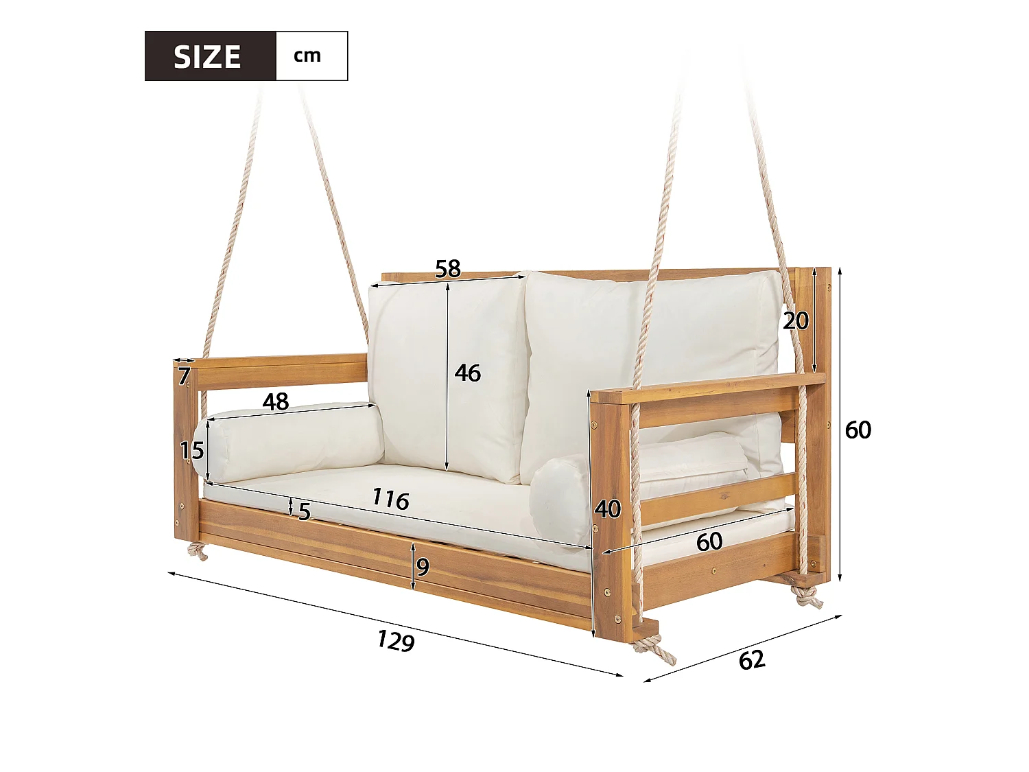 Gartenschaukel, Doppel-Hängesessel - abnehmbares und waschbares Sitzkissen - Akazienholz - Natur