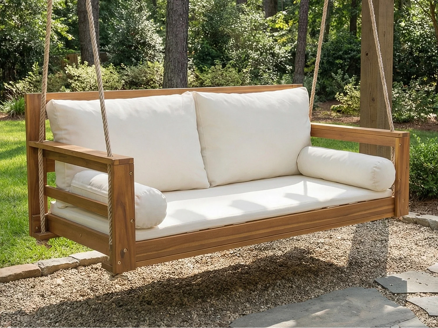 Gartenschaukel, Doppel-Hängesessel - abnehmbares und waschbares Sitzkissen - Akazienholz - Natur