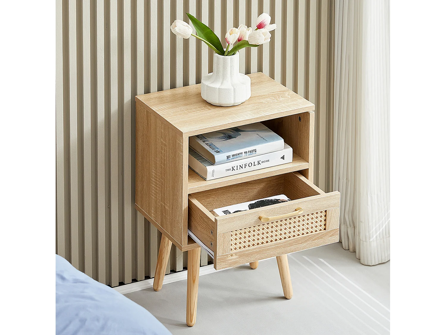 Table de chevet naturelle clair avec tiroir 40x30x56 cm