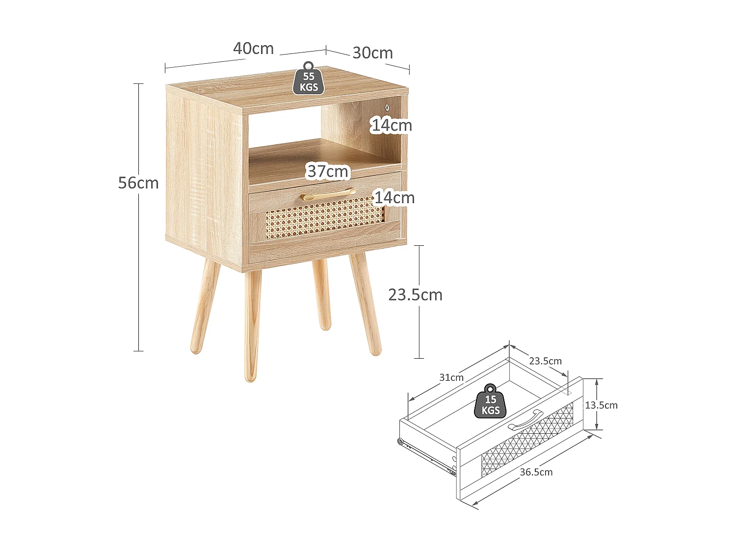Table de chevet naturelle clair avec tiroir 40x30x56 cm