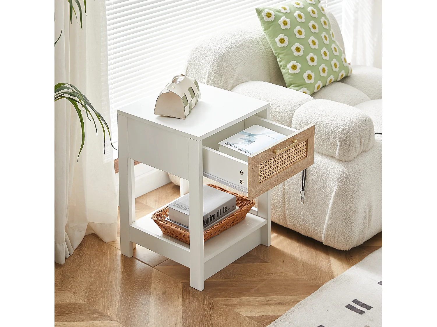 Table de chevet avec tiroir effet rotin - Blanc 40x40x55 cm
